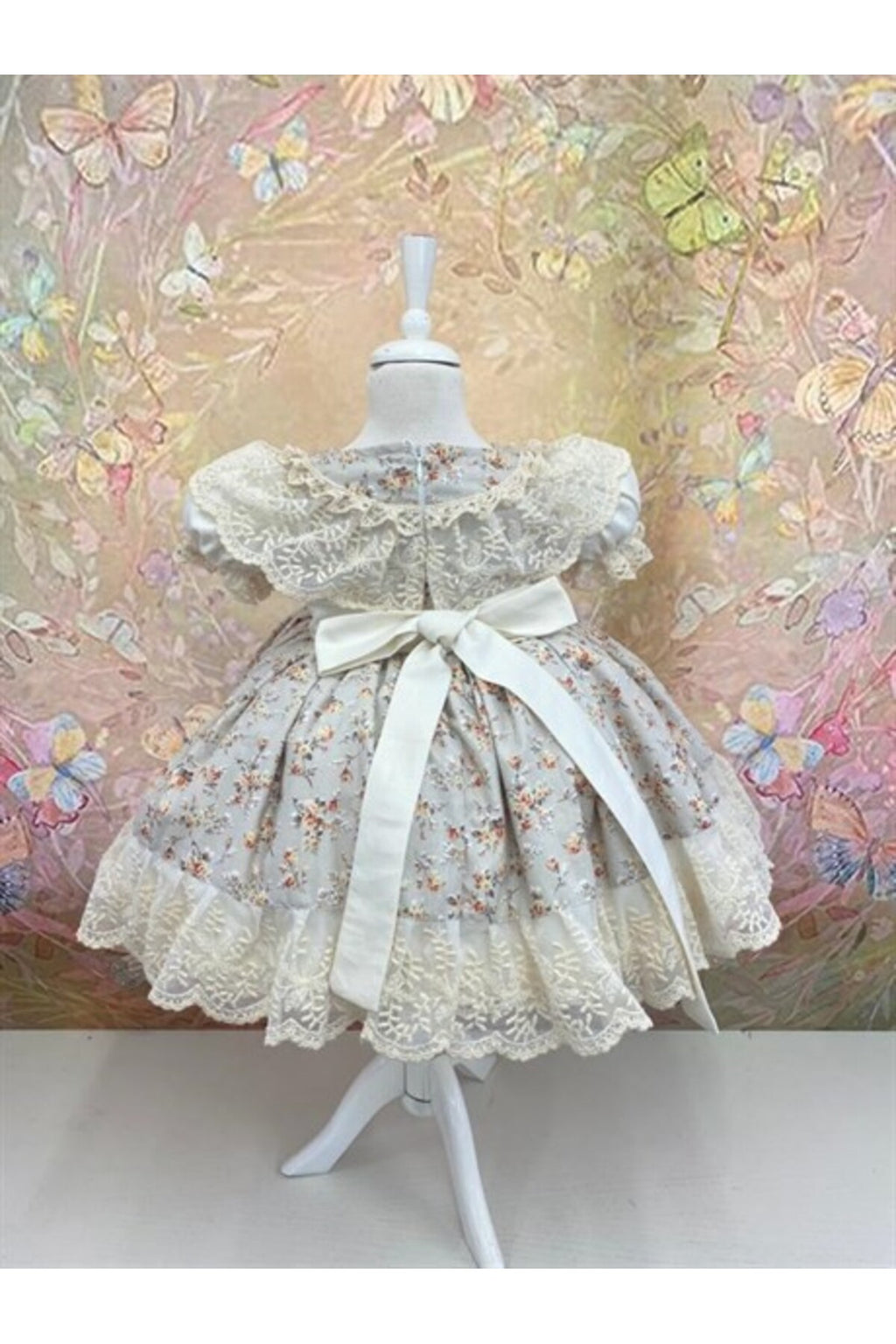 Krem Çiçekli Vintage Kız Bebek Elbisesi 3