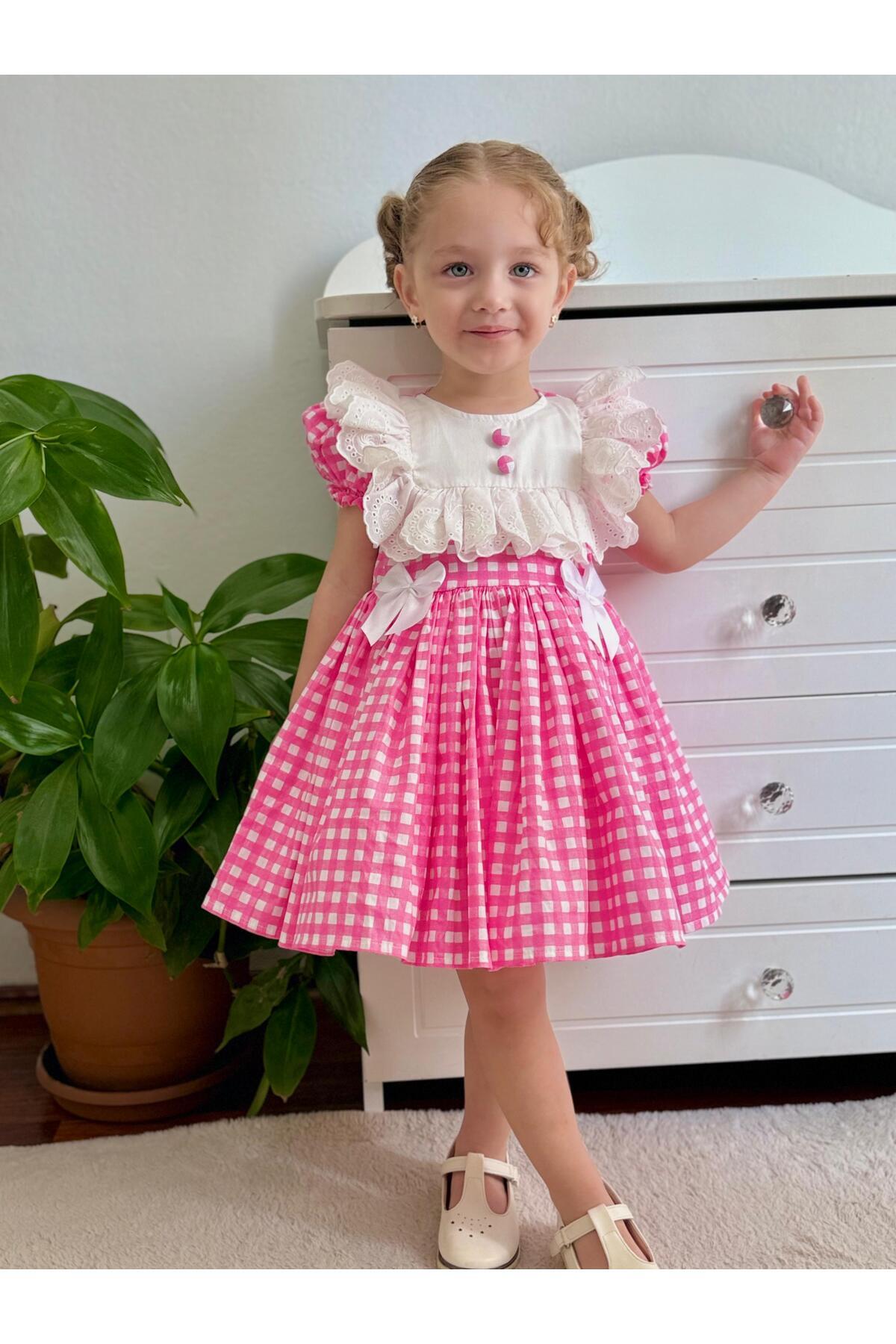 Defne Pembe Kareli Vintage Kız Bebek Elbise 4