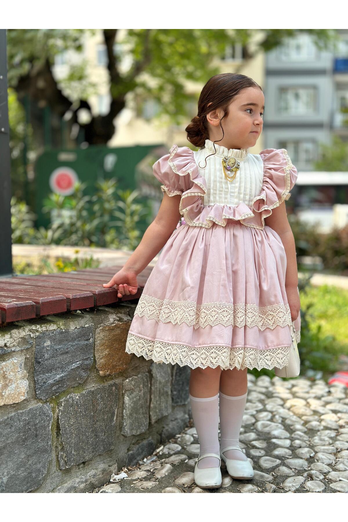 Masal Pudra Pembe Vintage Kız Bebek Elbise 4
