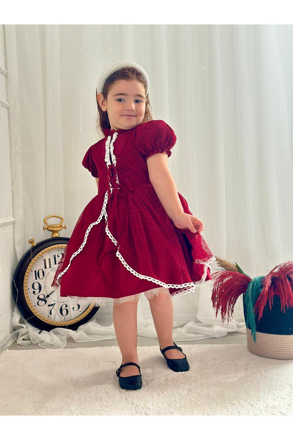 Hly Karol Bordo Vintage Kız Bebek Elbisesi 6