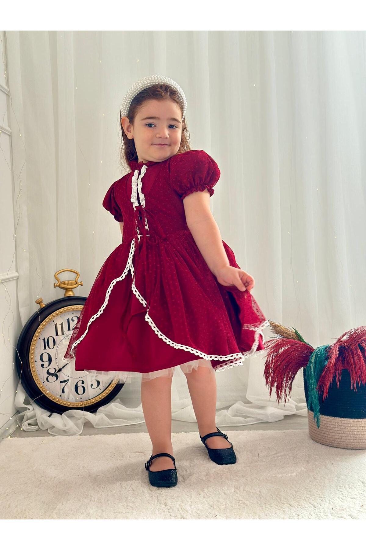 Hly Karol Bordo Vintage Kız Bebek Elbisesi 6