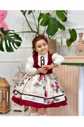 Krem Bordo Yelekli Vintage Kız Bebek Elbisesi