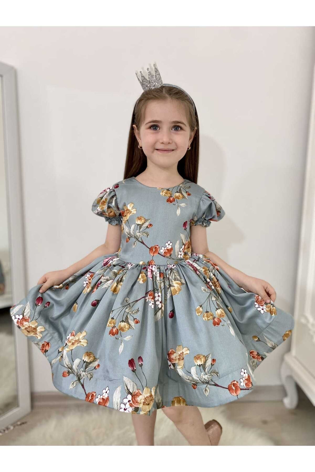 Bahar Yeşil Çiçekli Vintage Kız Bebek Elbisesi