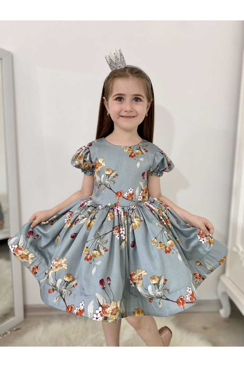 Bahar Yeşil Çiçekli Vintage Kız Bebek Elbisesi