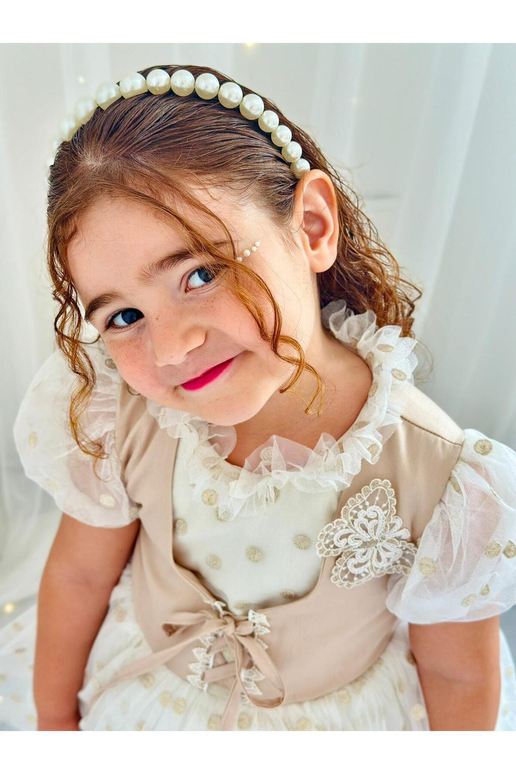 Puantiyeli Krem Vintage Kız Bebek Elbisesi 7
