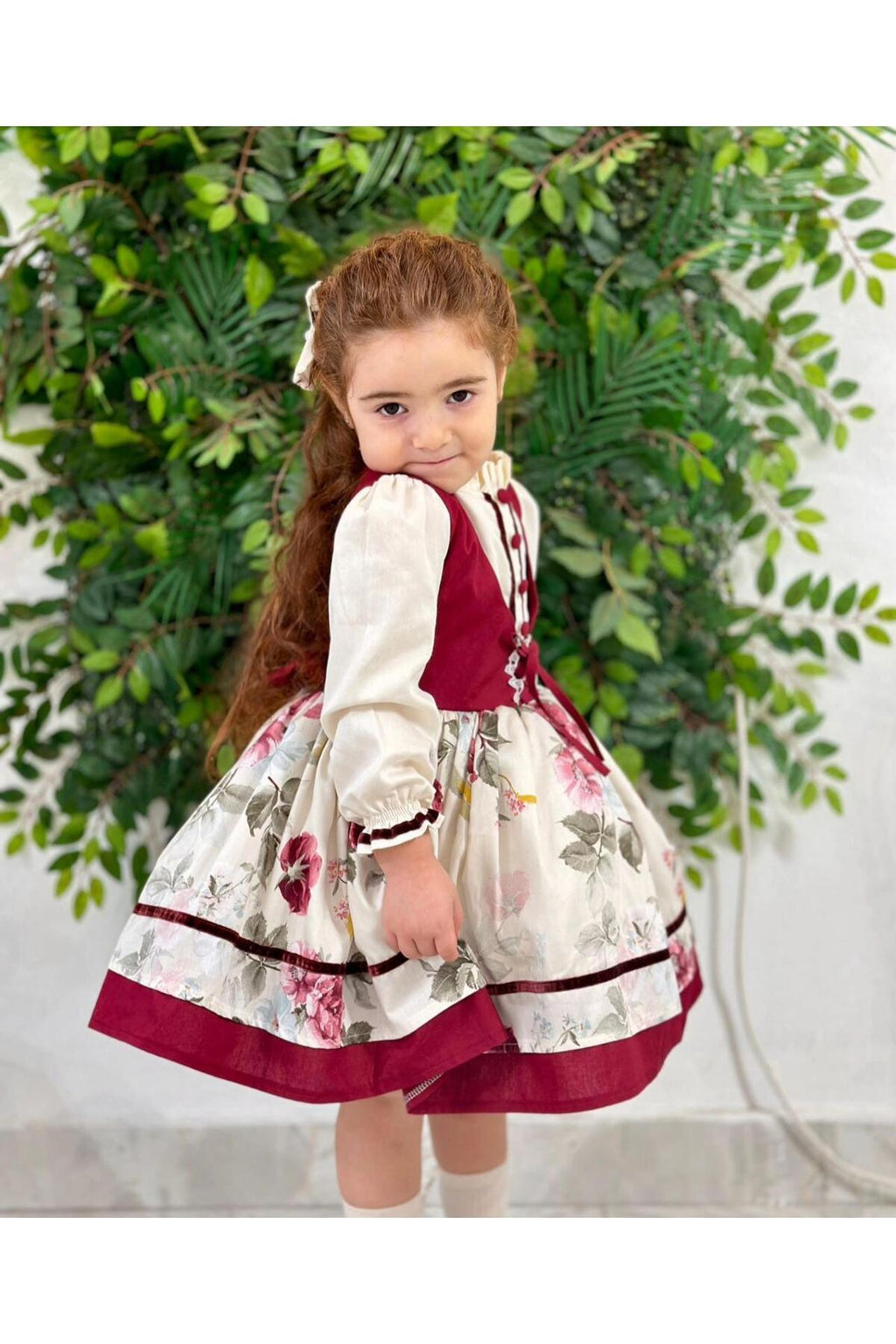 Krem Bordo Yelekli Vintage Kız Bebek Elbisesi 2
