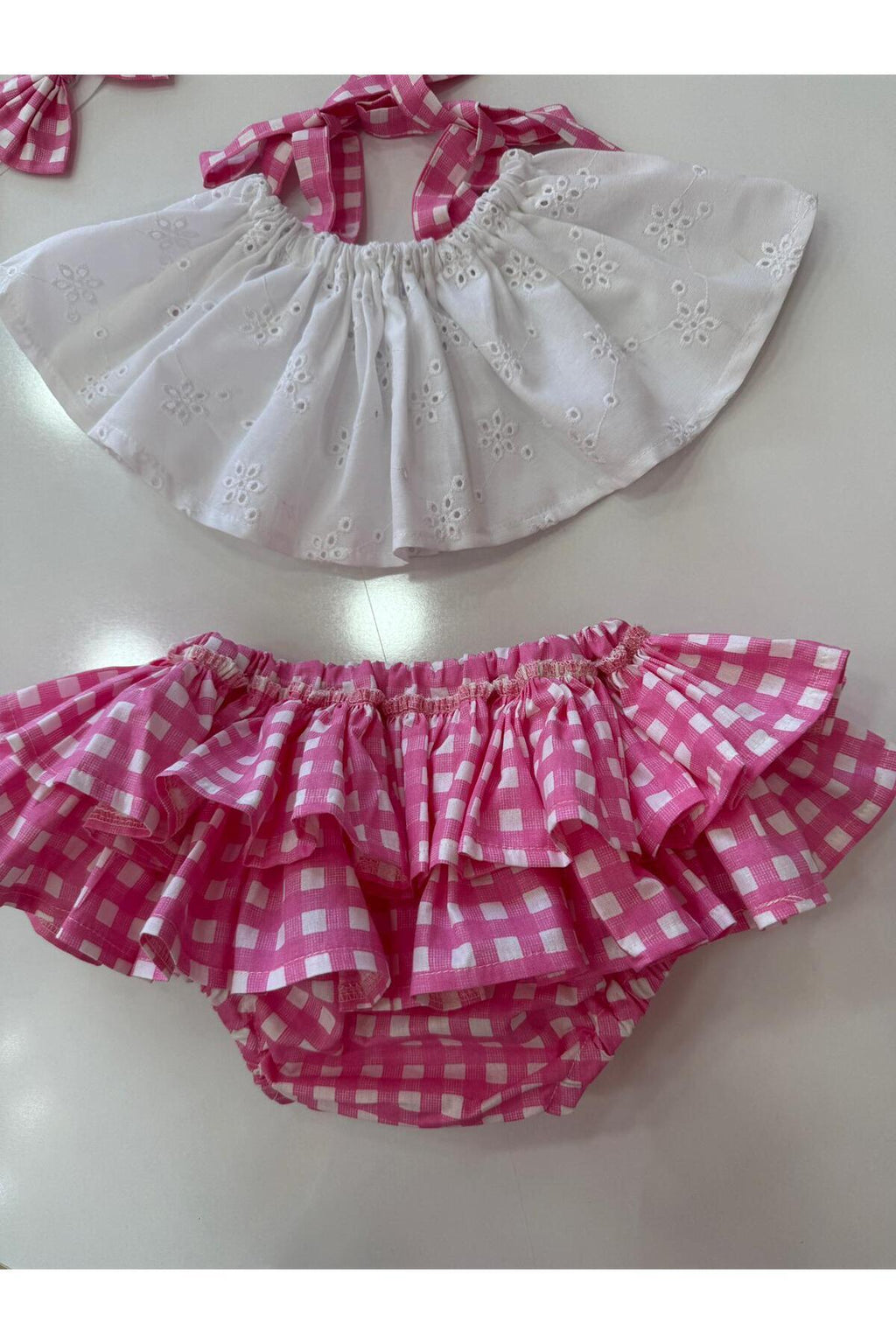 Hly Karol Pembe Kareli Crop Takım Kız Bebek Elbise 3