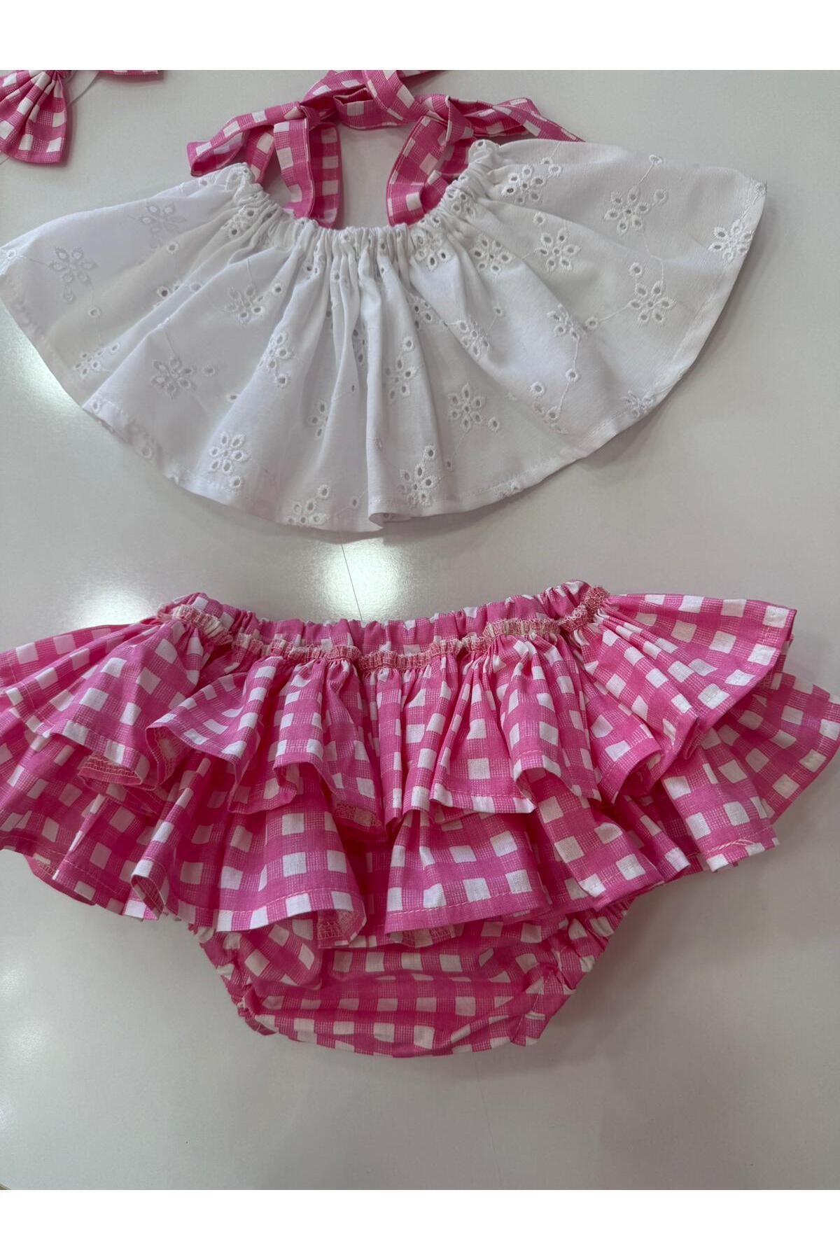 Hly Karol Pembe Kareli Crop Takım Kız Bebek Elbise 3