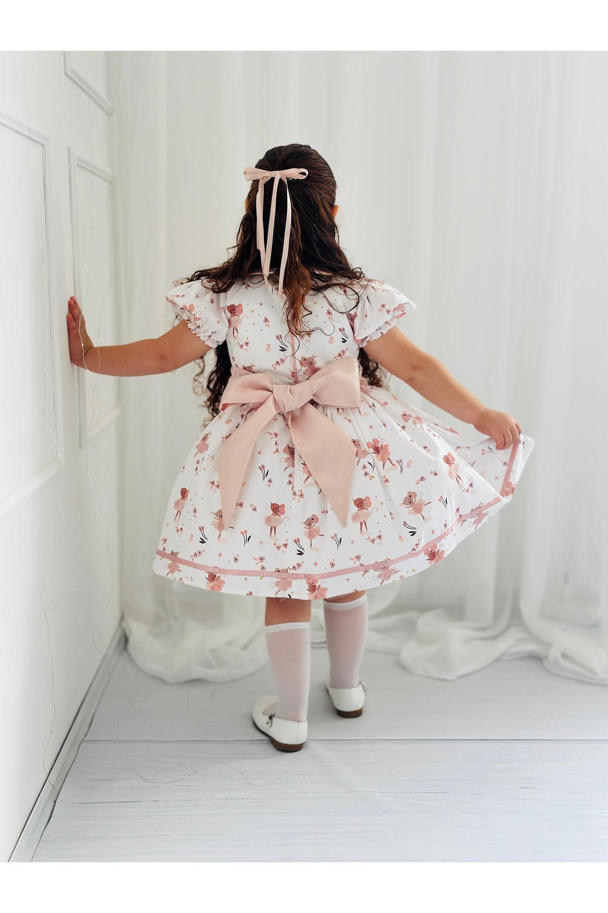Mause Pembe Vintage Kız Bebek Elbisesi 8