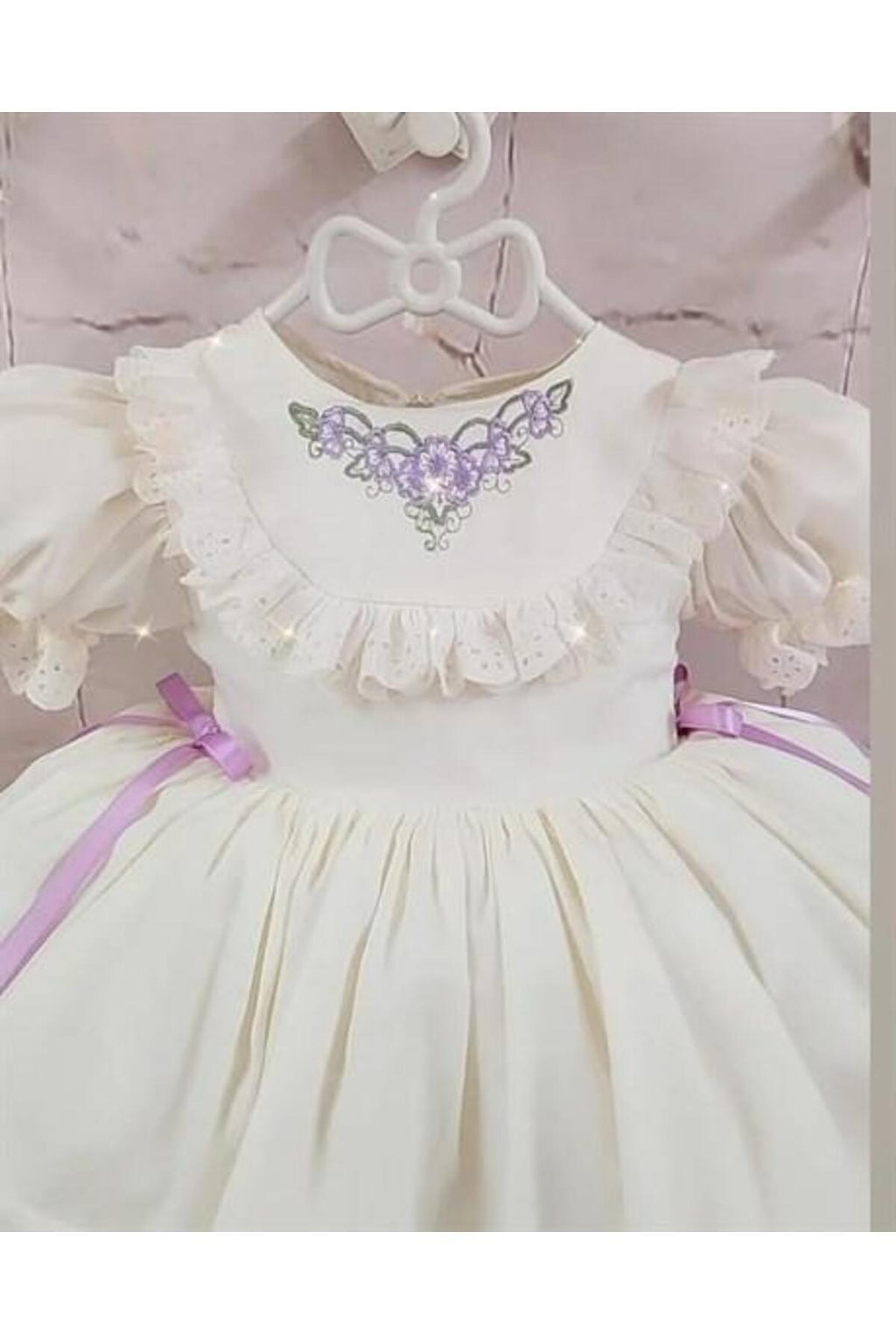 Krem Lila Kurdaleli Vintage Kız Bebek Doğum günü elbisesi 2