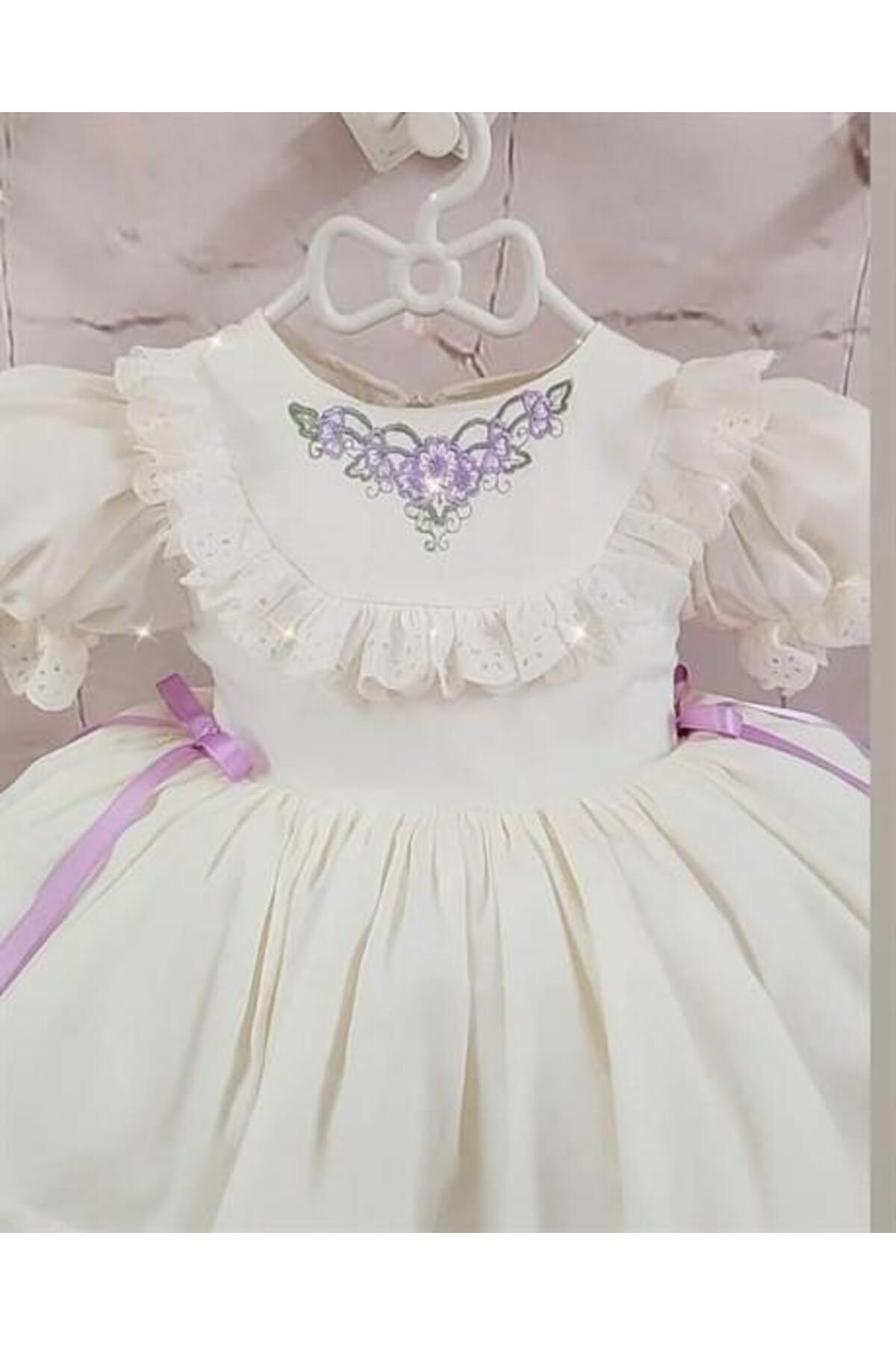 Krem Lila Kurdaleli Vintage Kız Bebek Doğum günü elbisesi 2