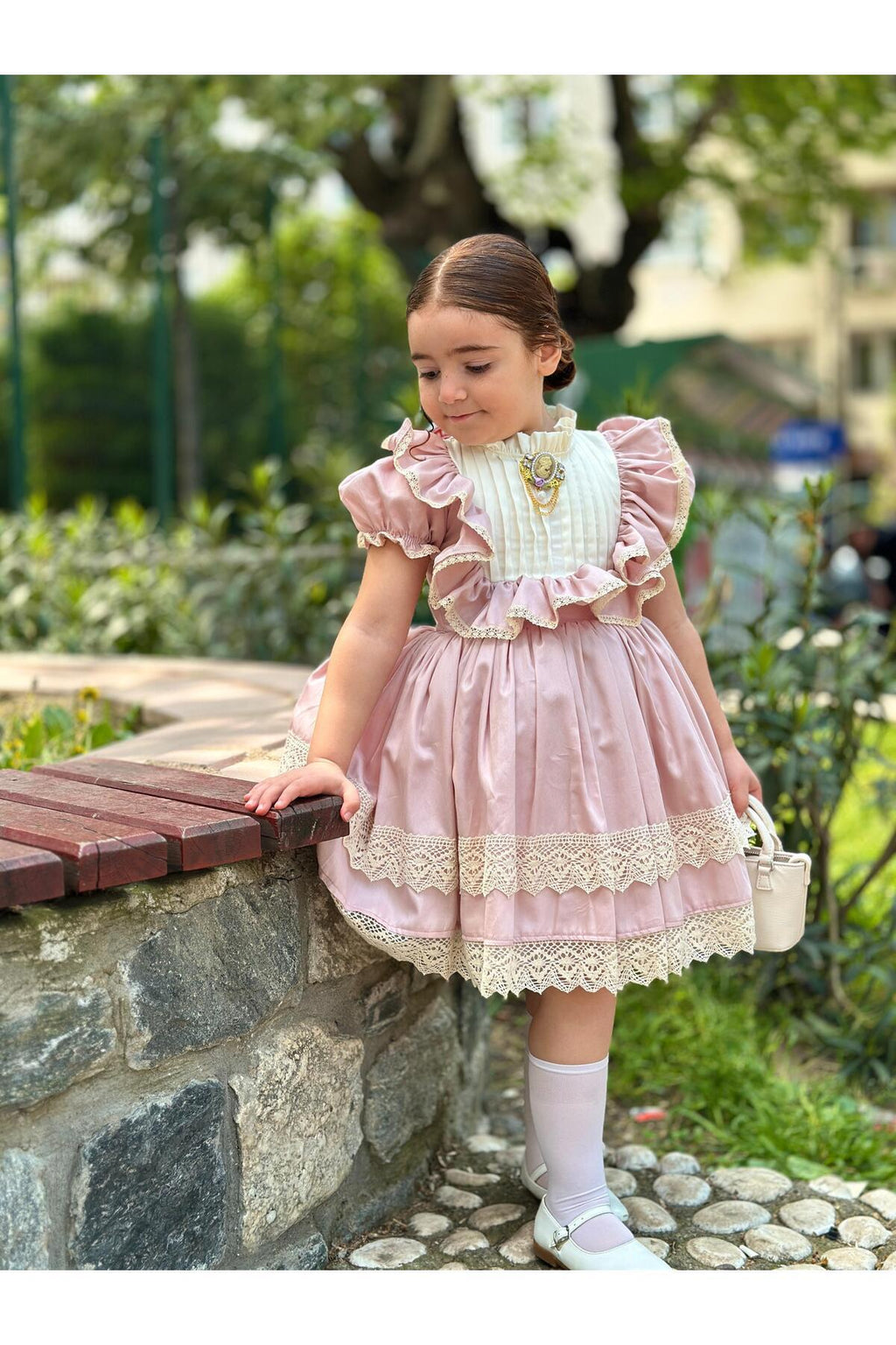 Masal Pudra Pembe Vintage Kız Bebek Elbise 2