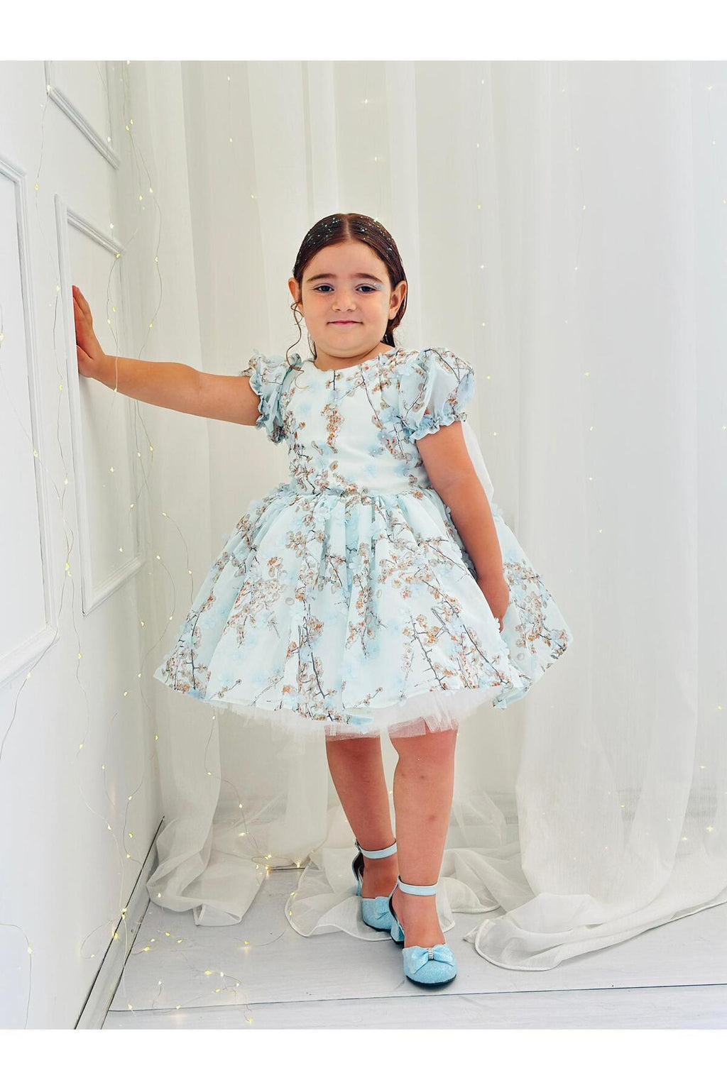Mavi Çiçekli Vintage Kız Bebek Elbisesi 6