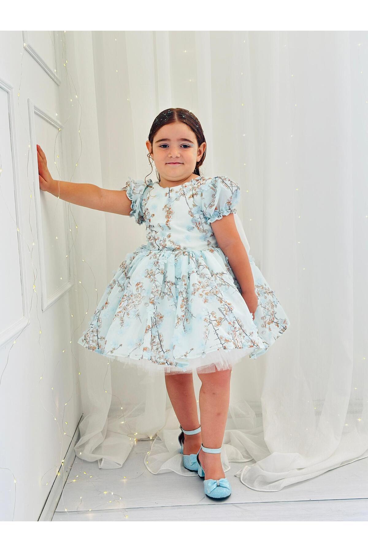 Mavi Çiçekli Vintage Kız Bebek Elbisesi 6