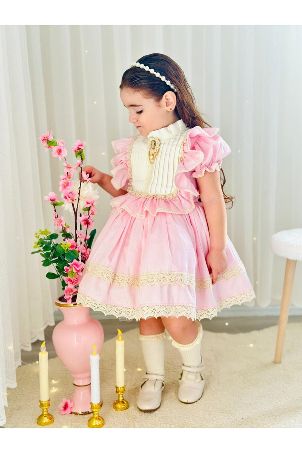 Pembe Krem Vintage Kız Bebek Elbisesi 6