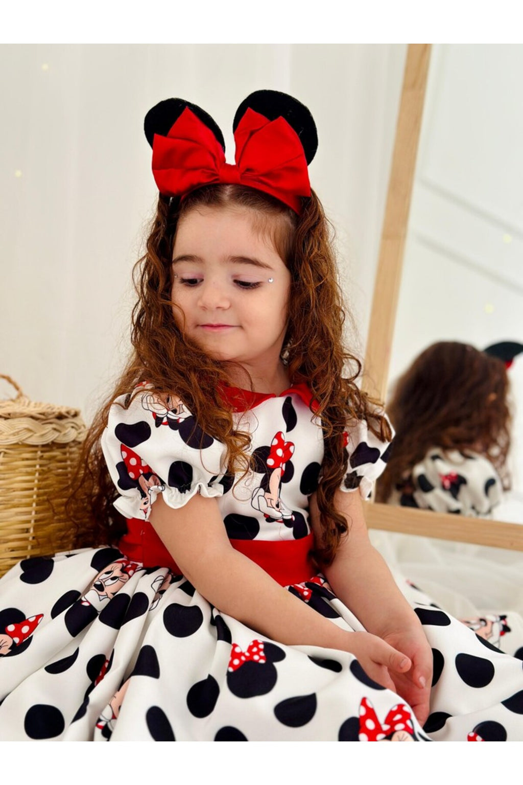 Beyaz Mickey Mouse Vintage Kız Bebek Elbisesi 3