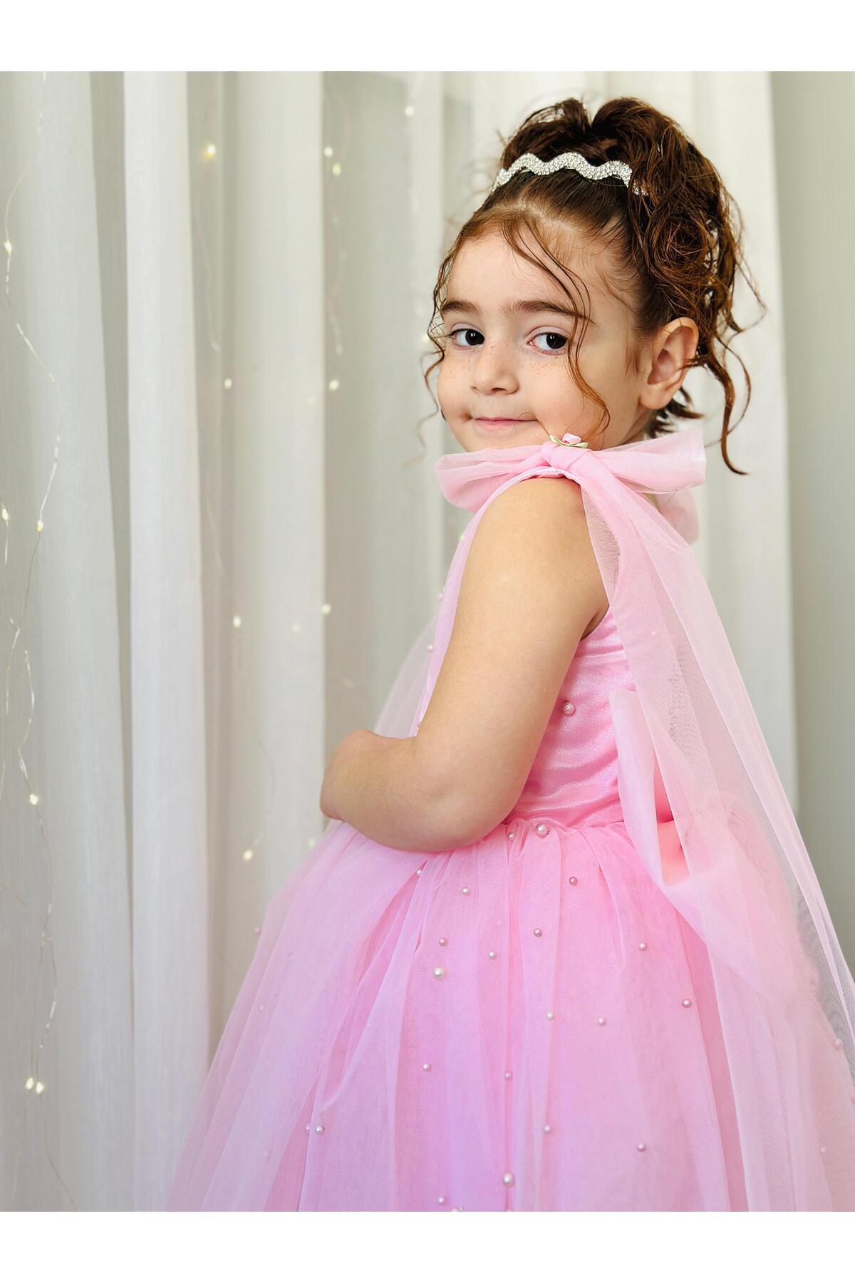 Pembe İncili Uzun Elbise Vintage Kız Bebek Elbise 4