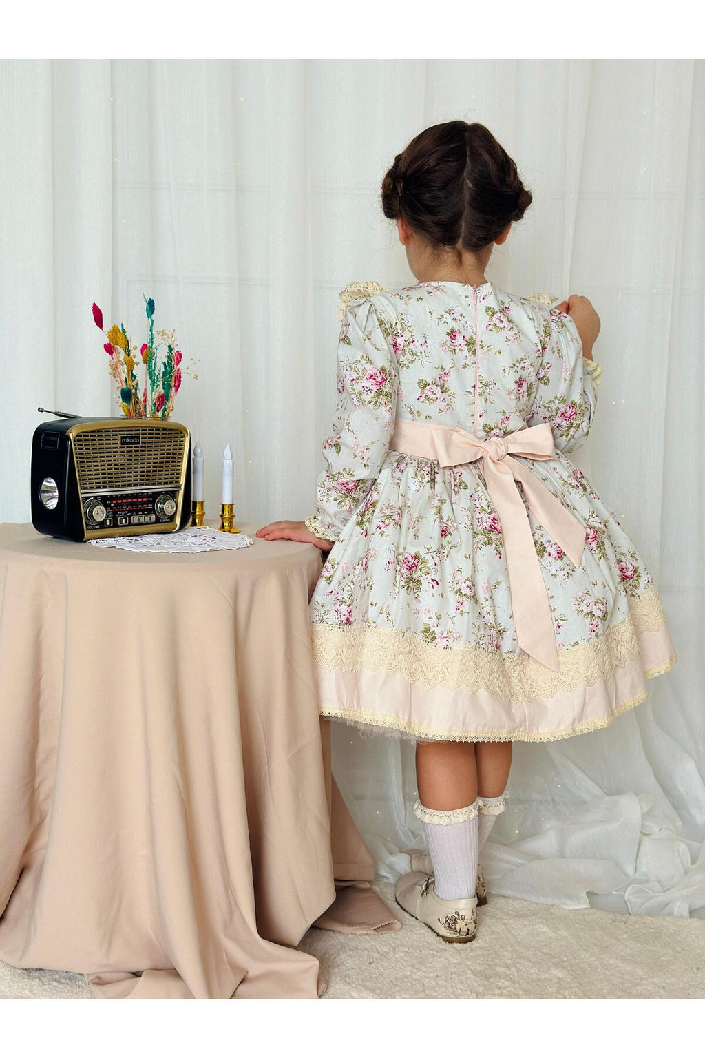 Mint Yeşili Uzun Kollu Vintage Bebek Elbise 5
