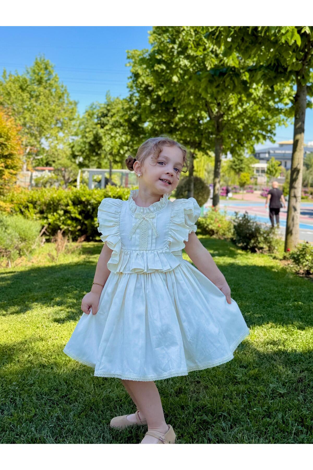Defne Krem Vintage Kız Bebek Elbise 5