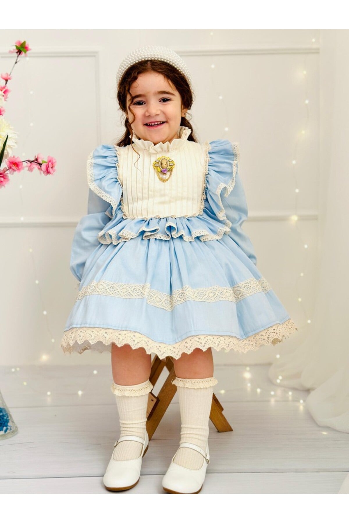 Mavi Vintage Kız Bebek Elbisesi 4