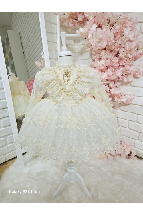 Dantelli Uzun Kollu Vintage Kız Bebek Elbisesi