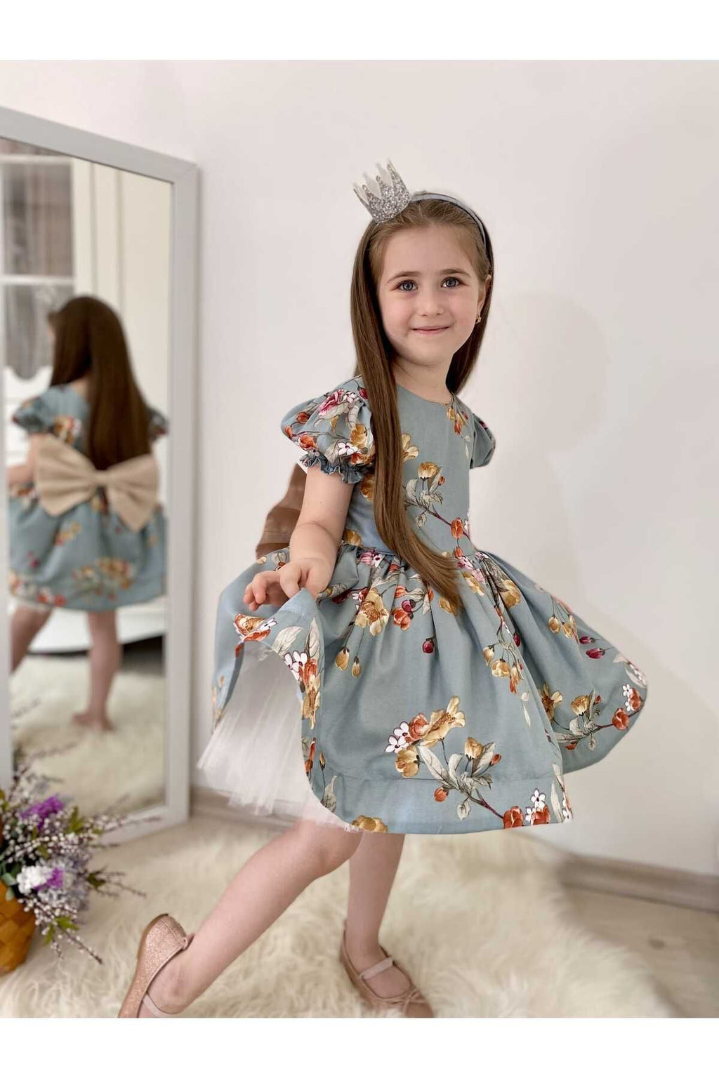 Bahar Yeşil Çiçekli Vintage Kız Bebek Elbisesi 3