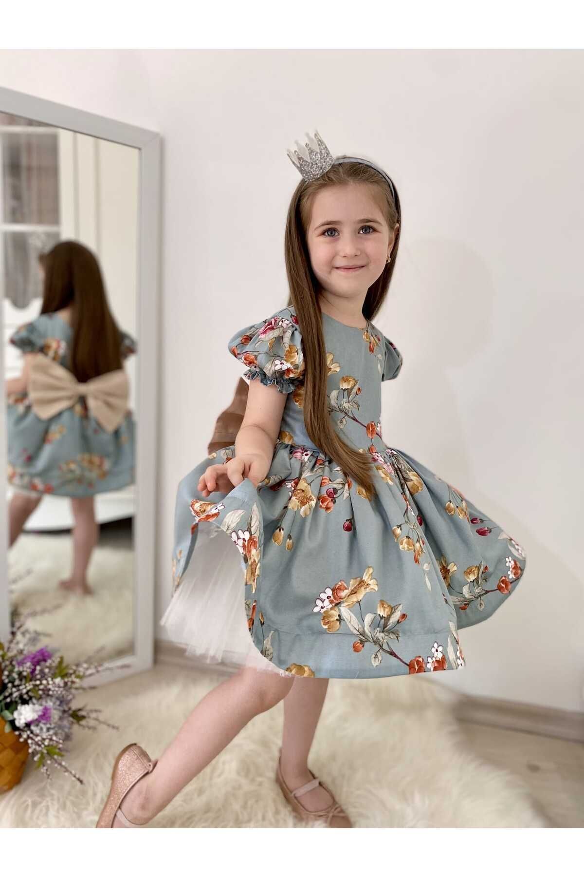 Bahar Yeşil Çiçekli Vintage Kız Bebek Elbisesi 3