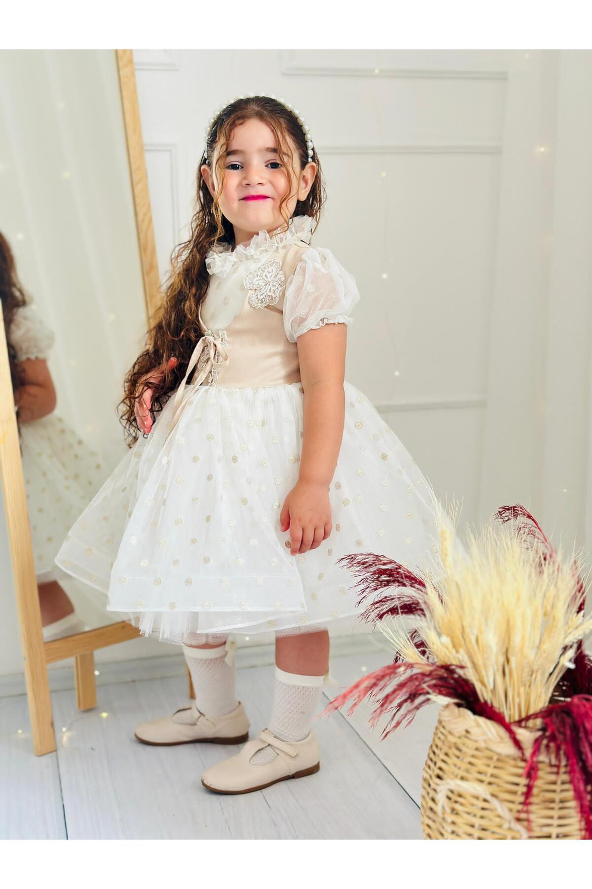 Puantiyeli Krem Vintage Kız Bebek Elbisesi 3