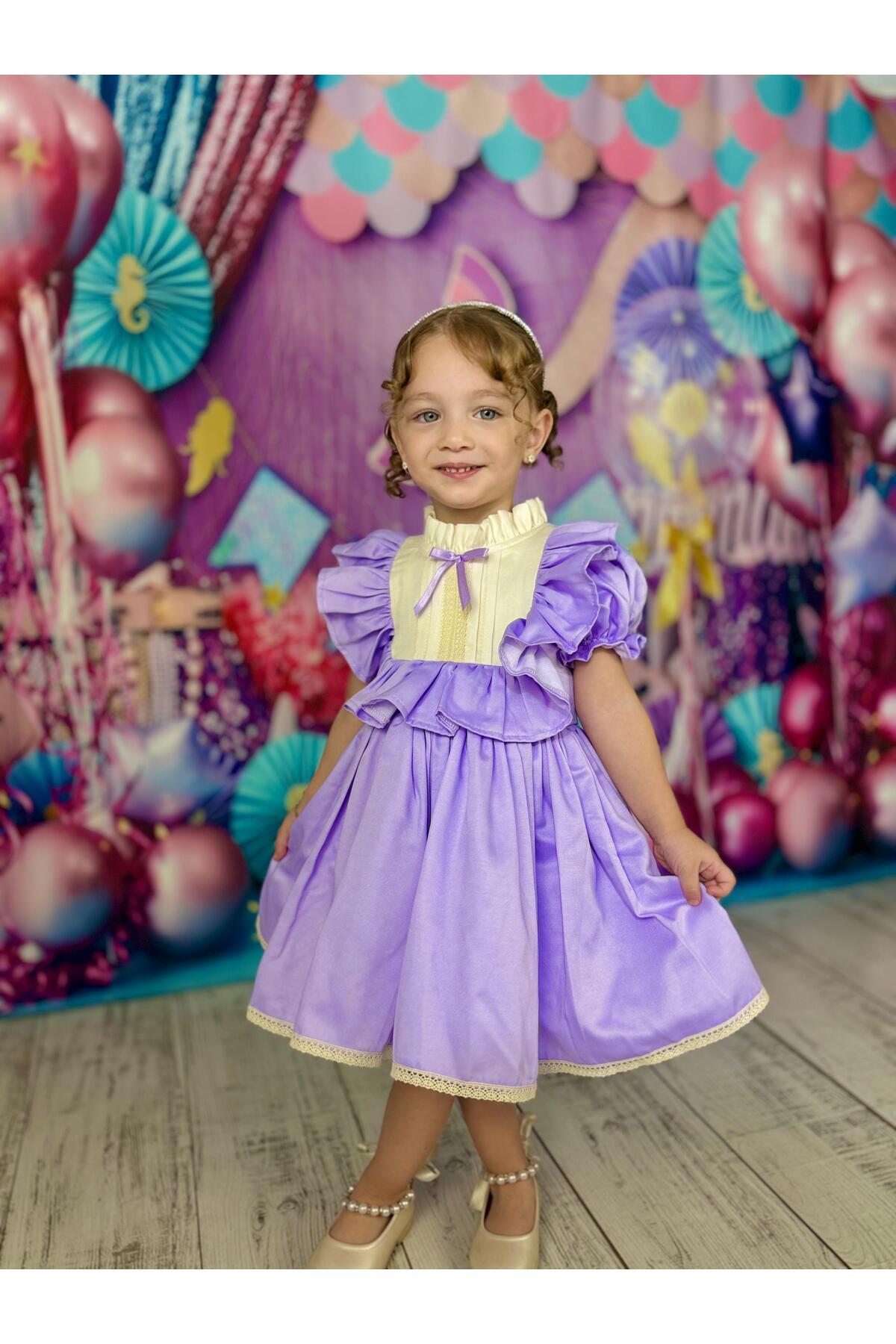 Defne Lila Fiyonklu Vintage Kız Bebek Elbise 3