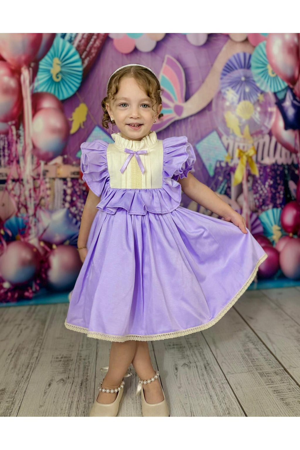 Defne Lila Fiyonklu Vintage Kız Bebek Elbise 5