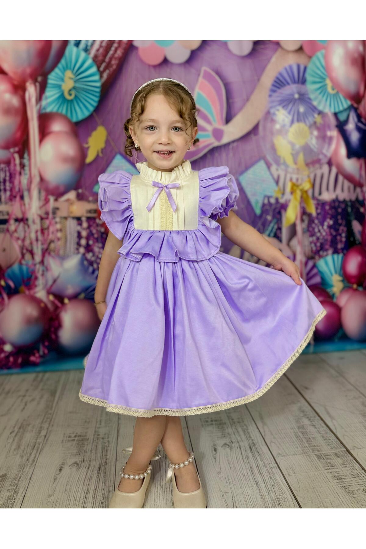Defne Lila Fiyonklu Vintage Kız Bebek Elbise 5