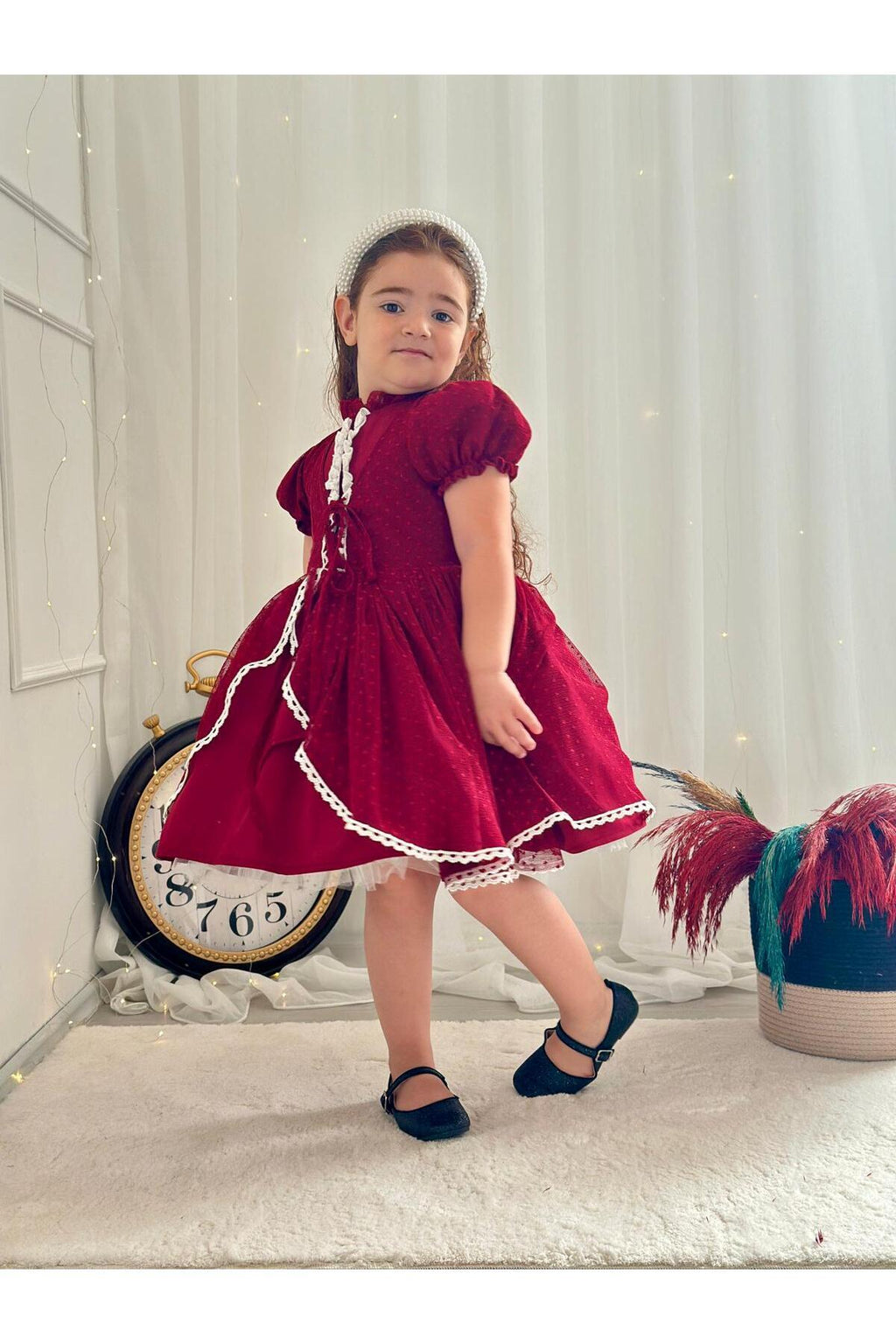 Hly Karol Bordo Vintage Kız Bebek Elbisesi 3