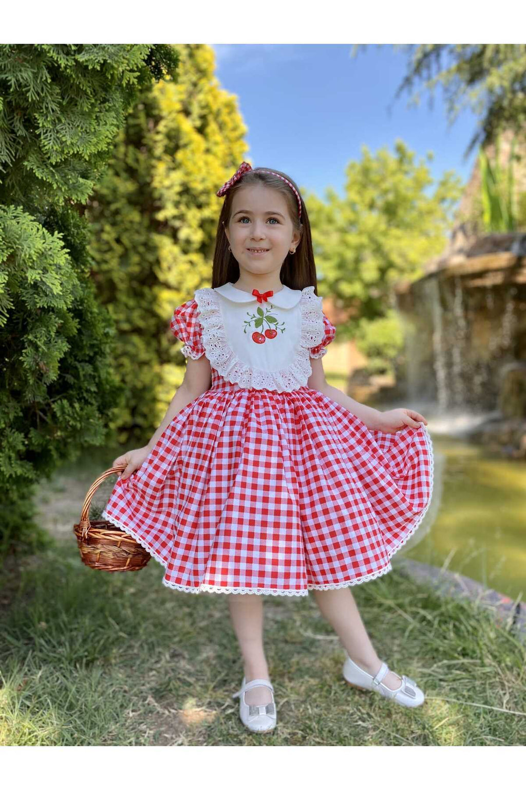 Kirazlı Kırmızı Vintage Kız Bebek Elbisesi 3