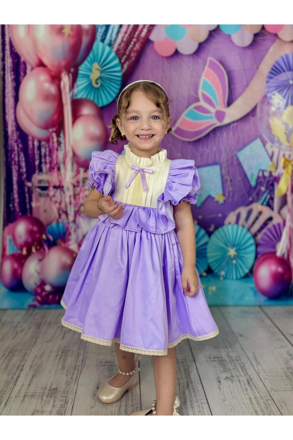 Defne Lila Fiyonklu Vintage Kız Bebek Elbise 6