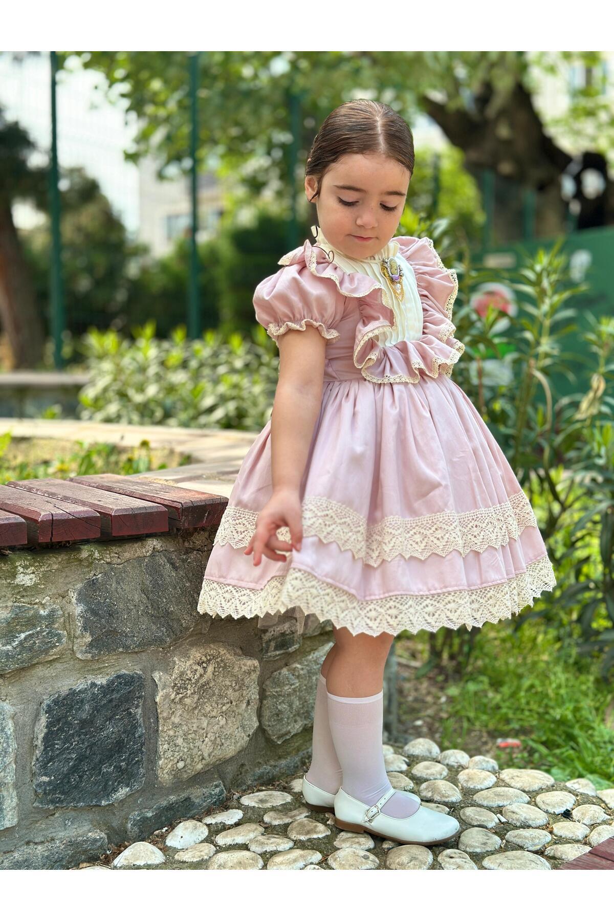 Masal Pudra Pembe Vintage Kız Bebek Elbise 6