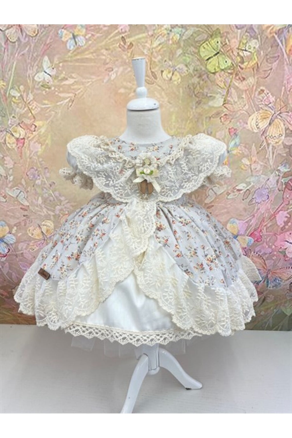 Krem Çiçekli Vintage Kız Bebek Elbisesi