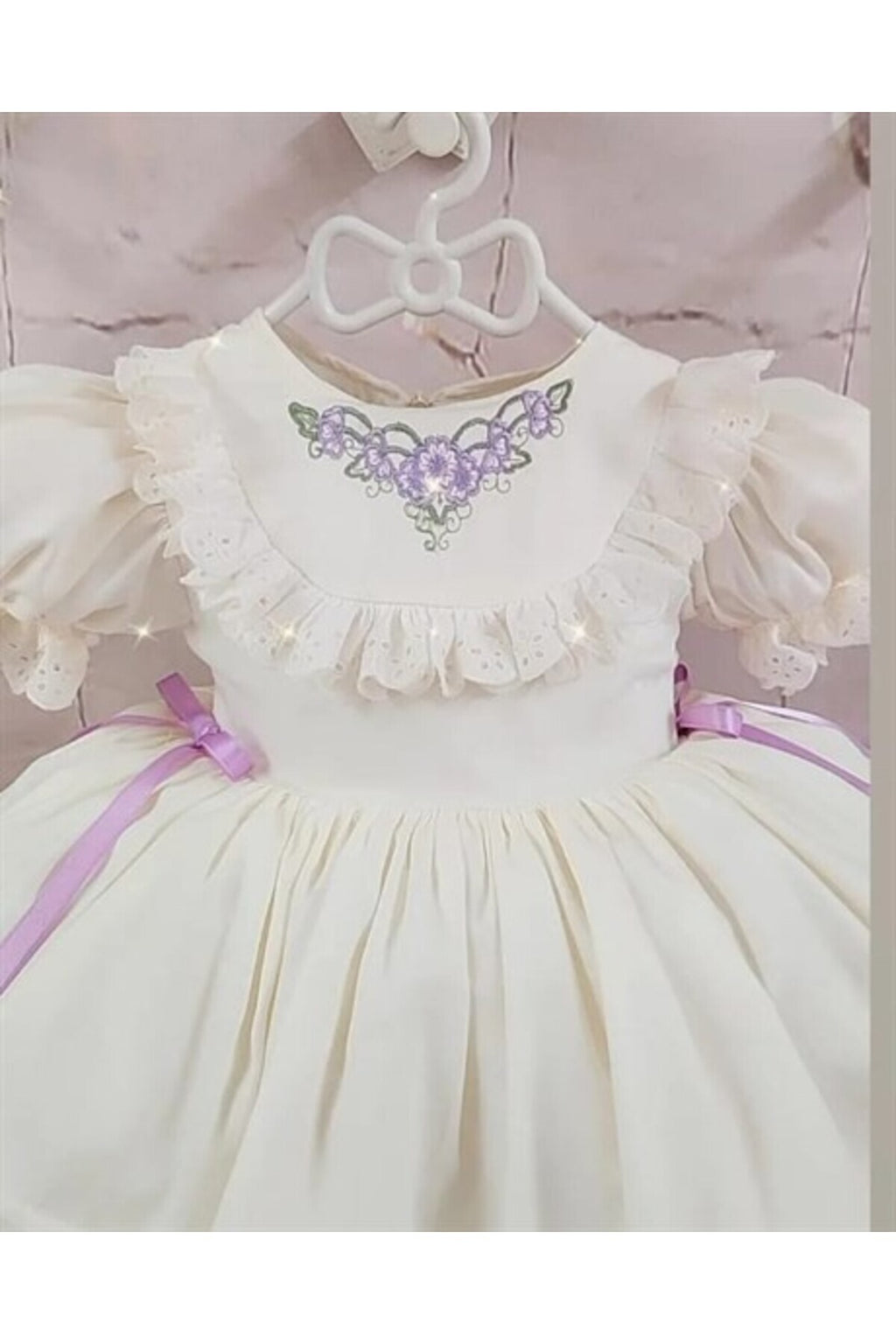 Krem Lila Vintage Kız Bebek Elbisesi 2