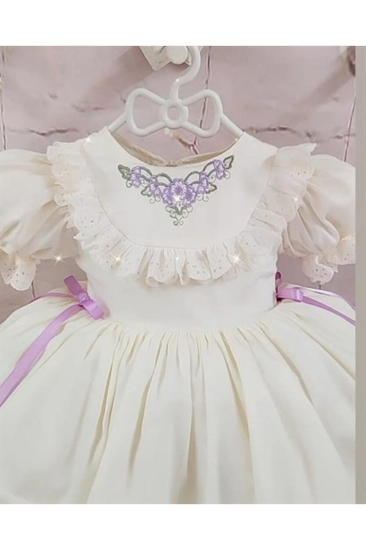 Krem Lila Vintage Kız Bebek Elbisesi 2