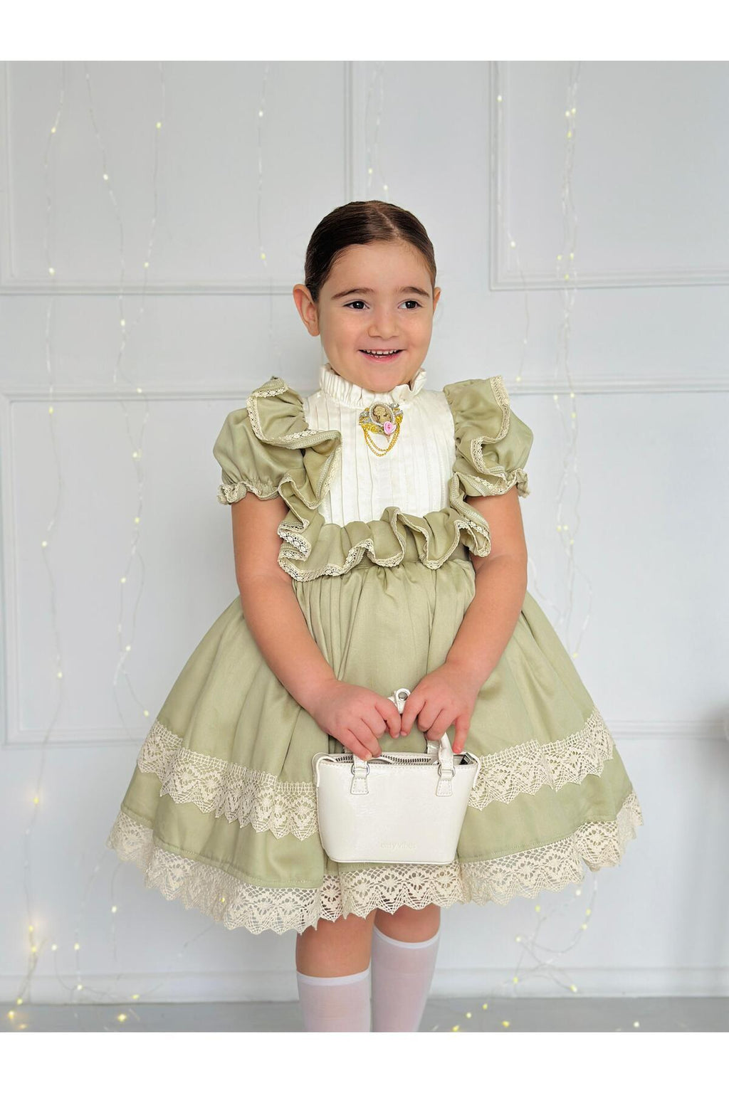 Çimen Yeşil Vintage Kız Bebek Elbise 6