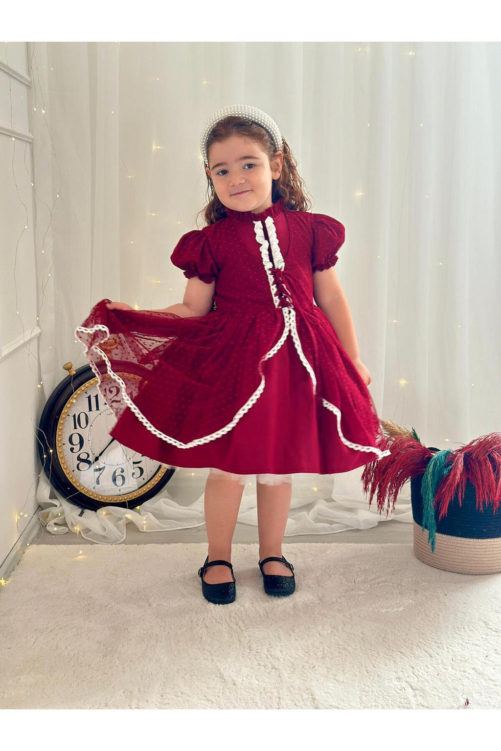 Hly Karol Bordo Vintage Kız Bebek Elbisesi