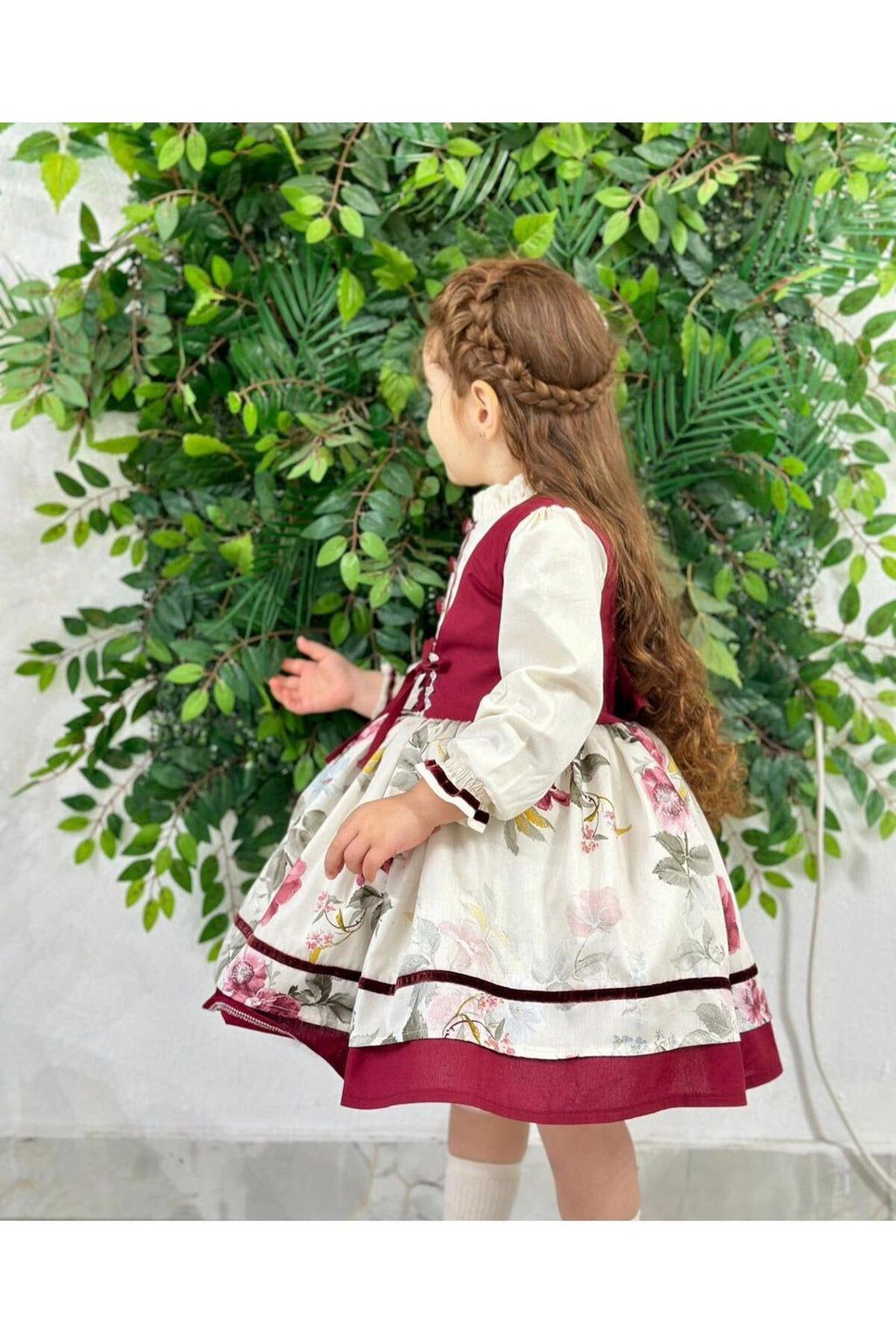 Krem Bordo Yelekli Vintage Kız Bebek Elbisesi 3