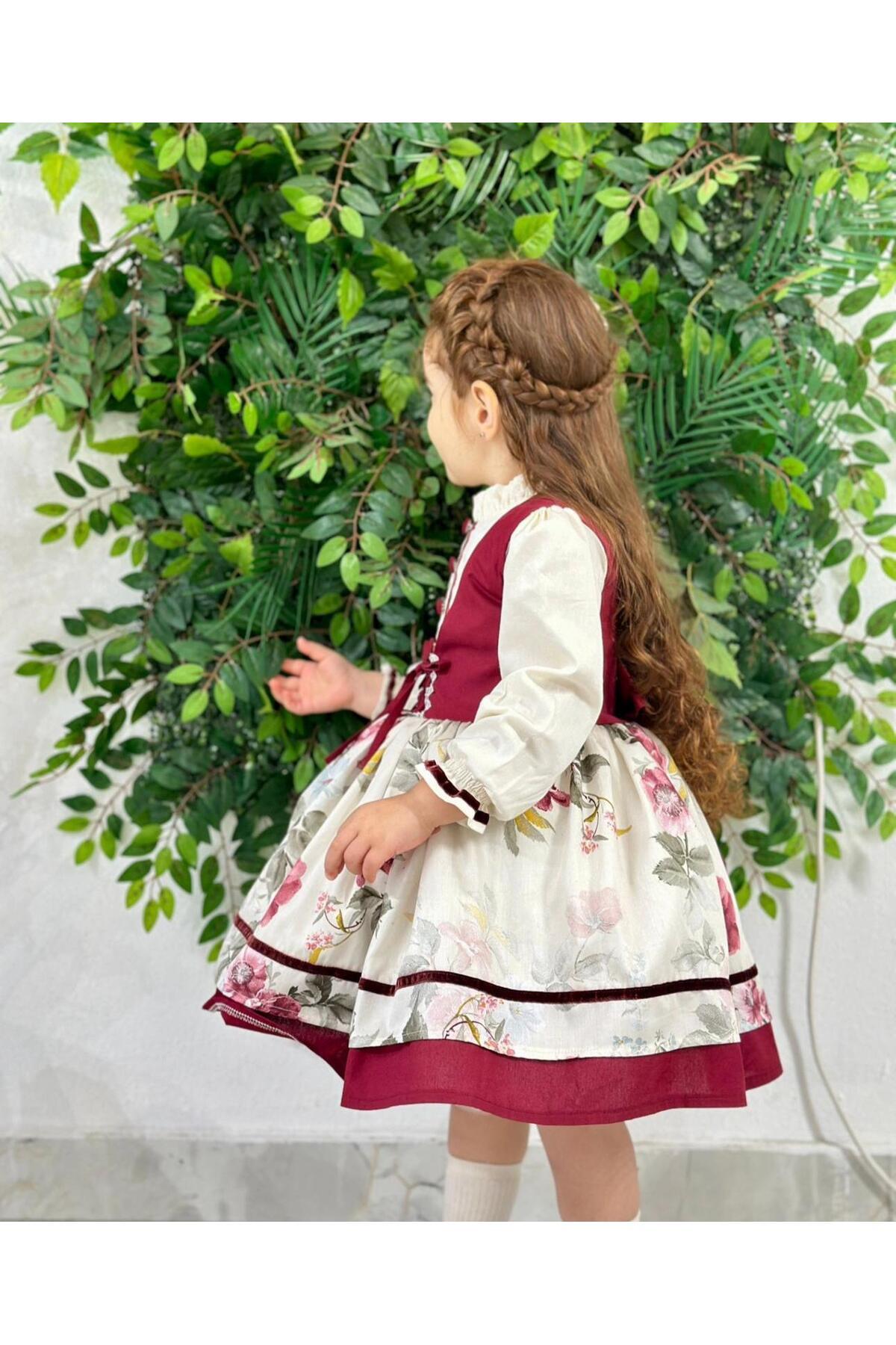 Krem Bordo Yelekli Vintage Kız Bebek Elbisesi 3