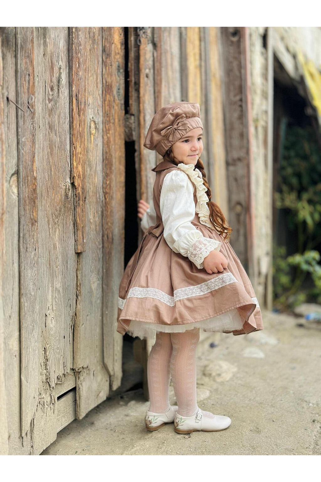 Şapkalı Retro Krem Vintage Kız Bebek Elbise 2