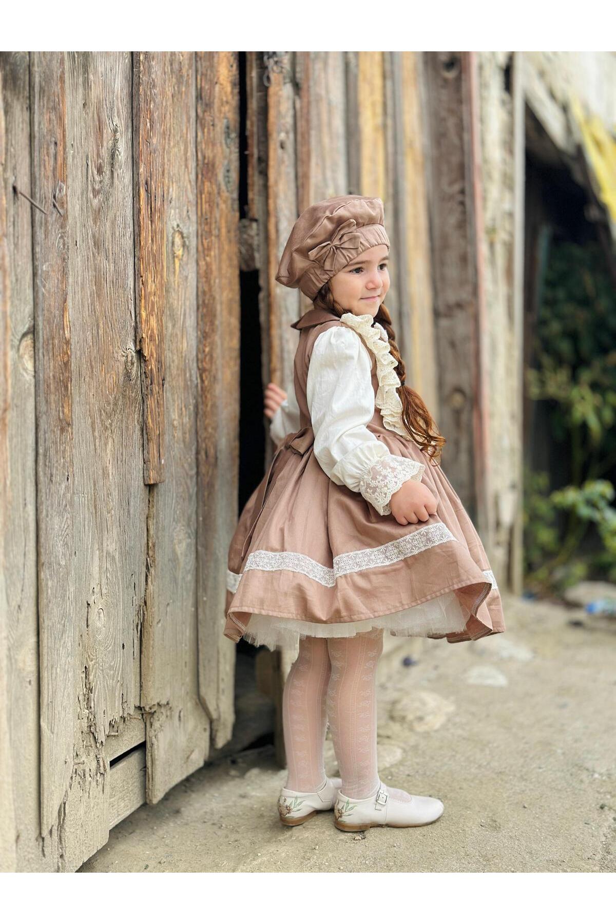 Şapkalı Retro Krem Vintage Kız Bebek Elbise 2