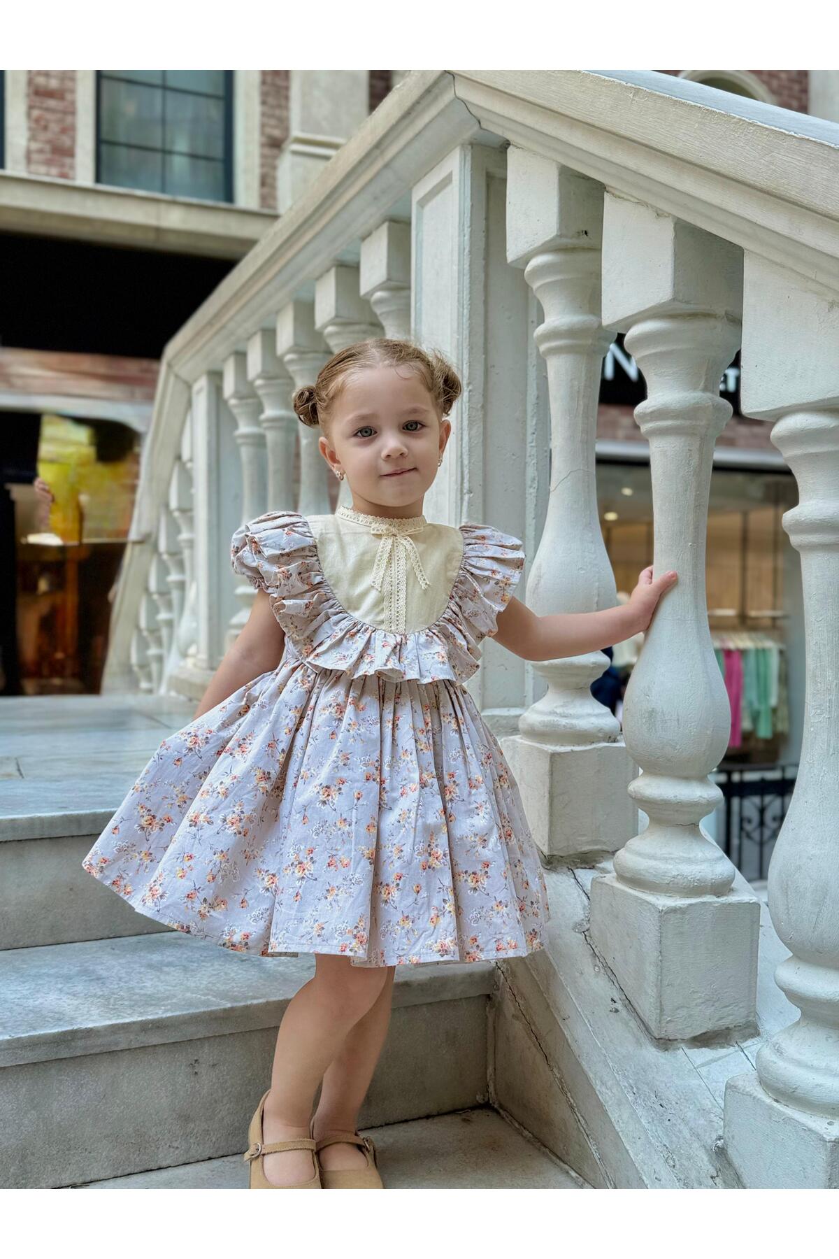 Defne Kapuçino Çiçekli Vintage Kız Bebek Elbise 5