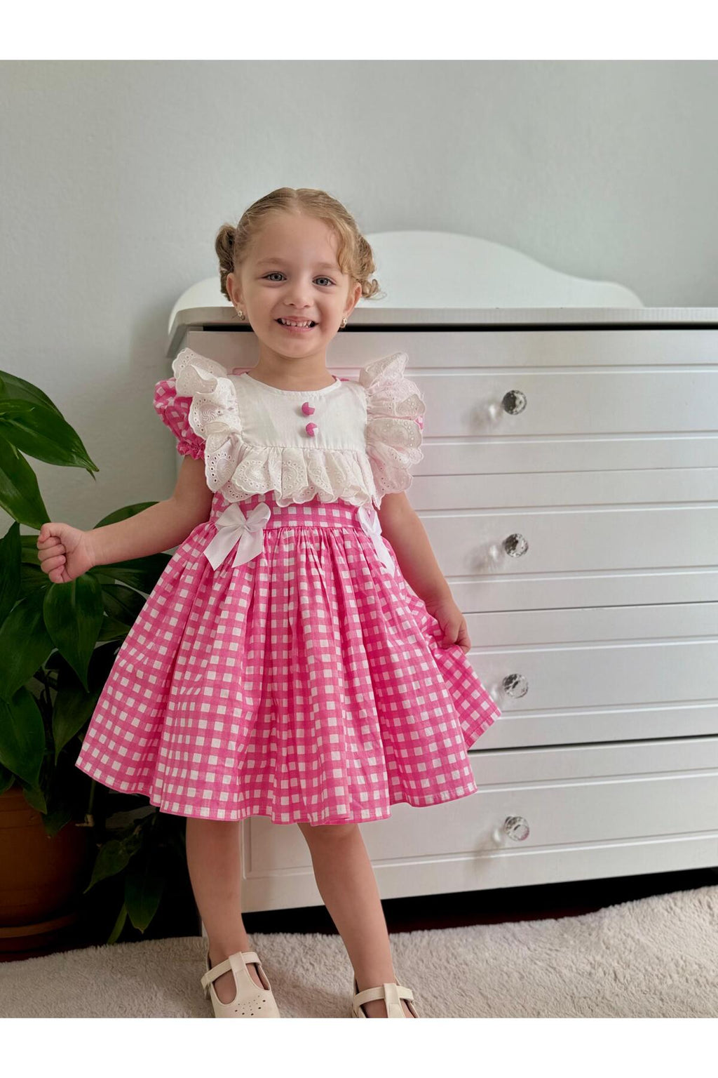 Defne Pembe Kareli Vintage Kız Bebek Elbise 6