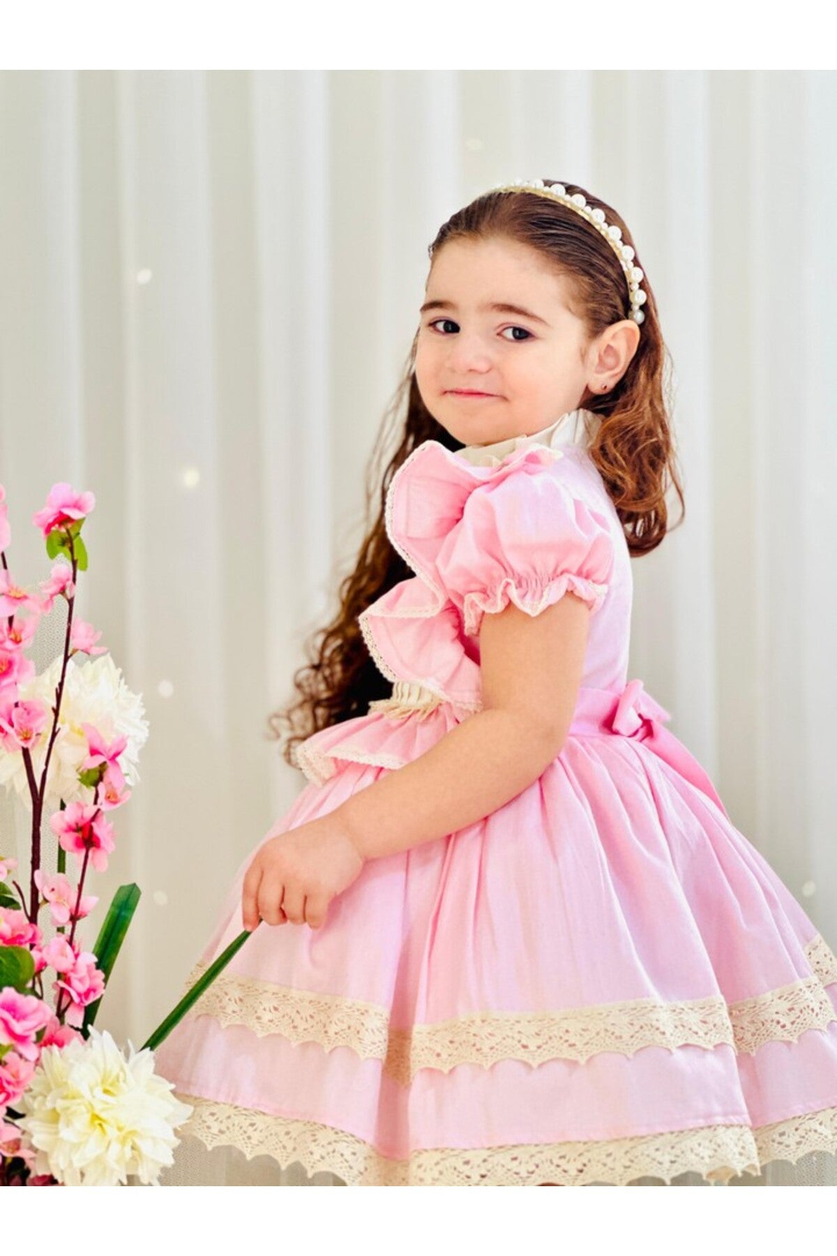 Pembe Krem Vintage Kız Bebek Elbisesi 3