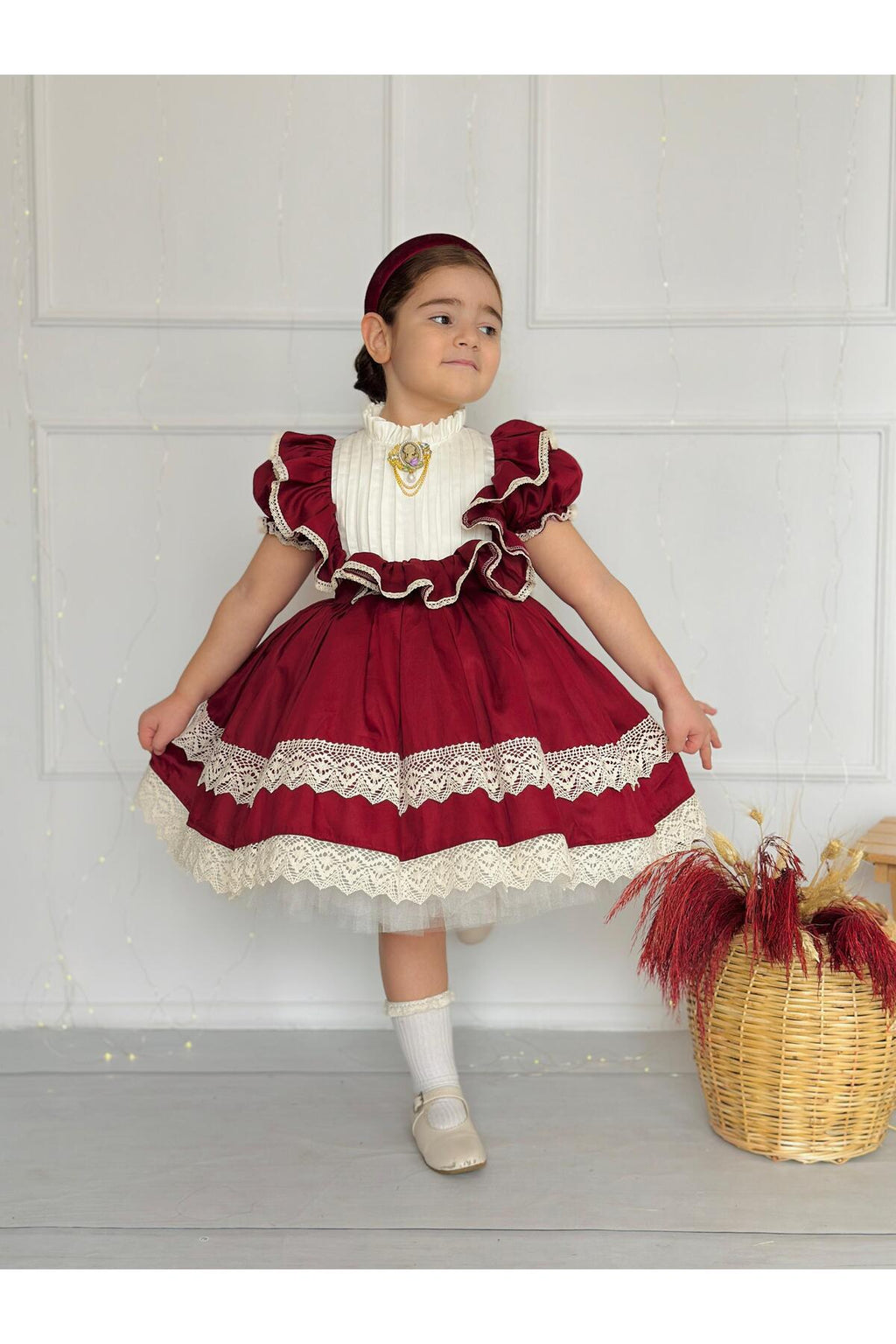 Zebrina Bordo Vintage Kız Bebek Elbise