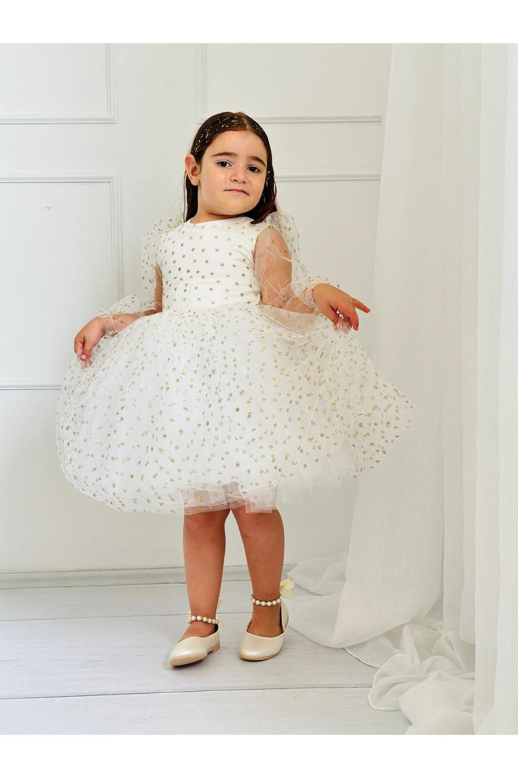 Yıldız Simli Krem Yılbaşı Kız Bebek Elbisesi 5