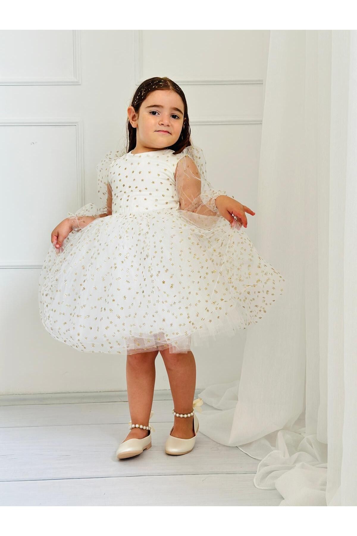 Yıldız Simli Krem Yılbaşı Kız Bebek Elbisesi 5